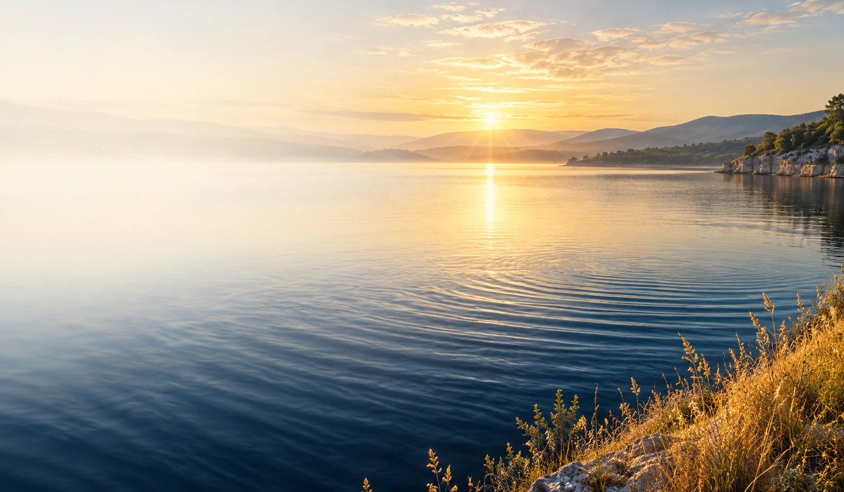 Illustrative dawn light spreading across a quiet lake, with barley along the shore