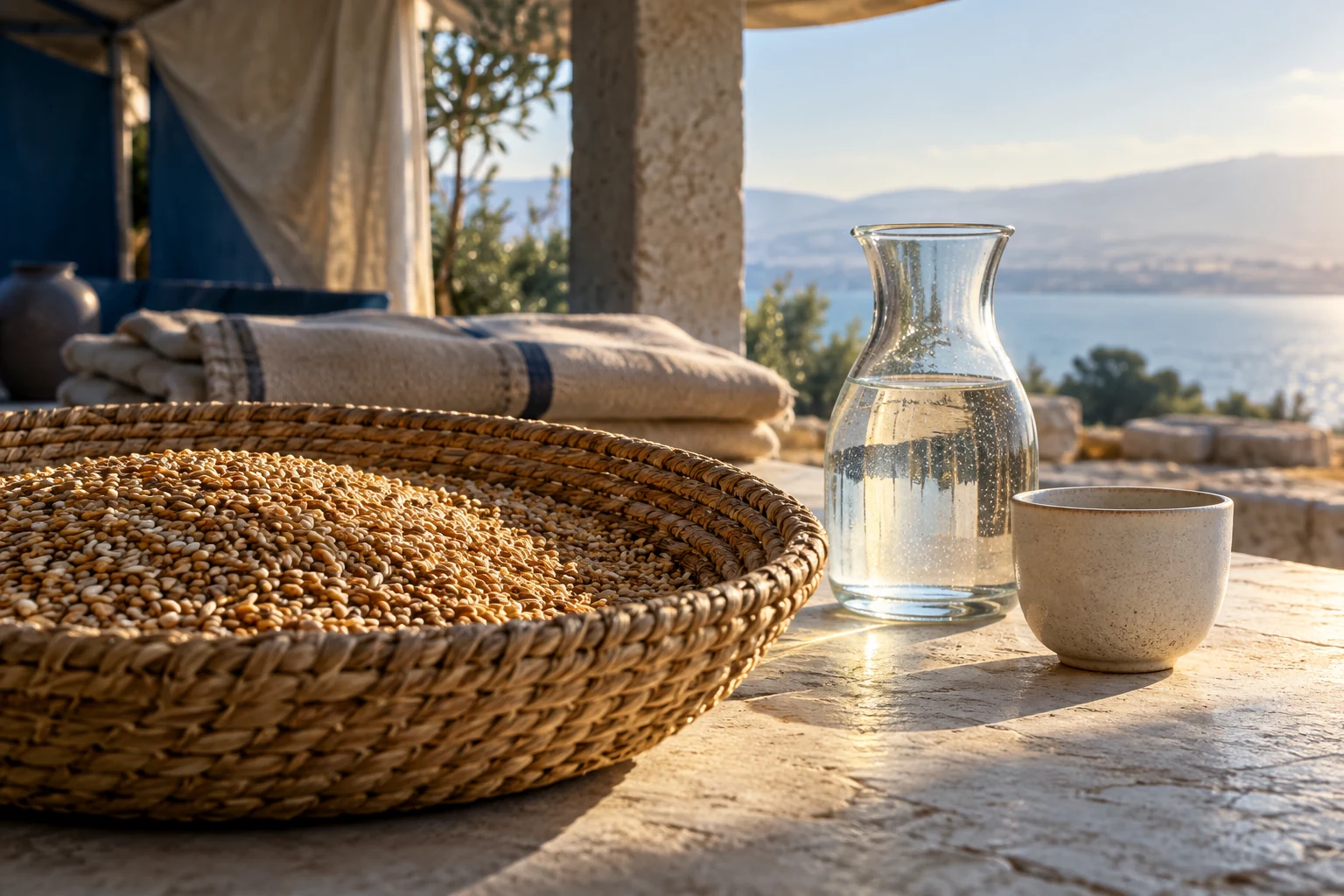 Grain, a water carafe, and a cup in an illustrative provision scene