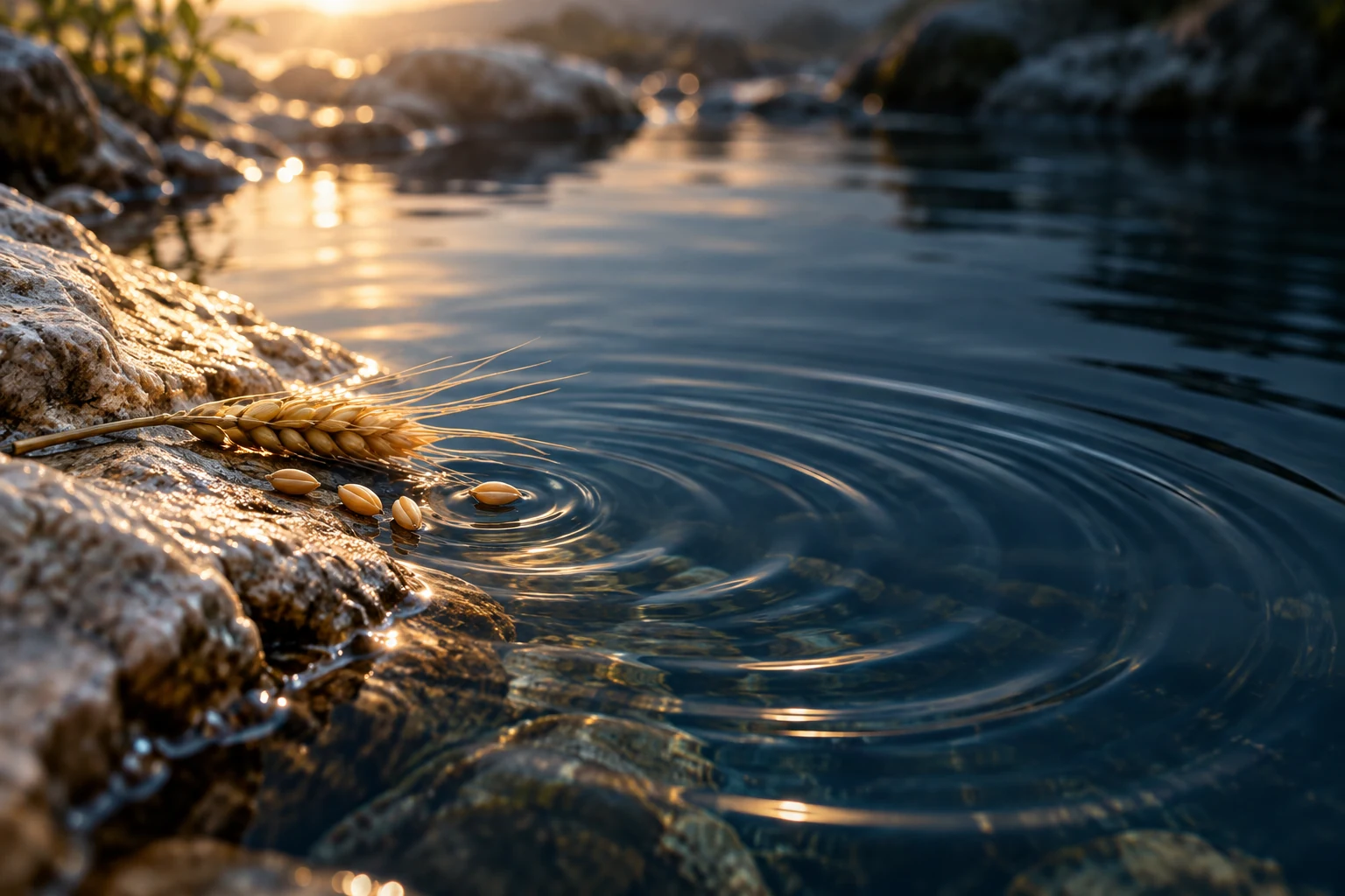 Illustrative golden barley beside concentric ripples in deep blue water